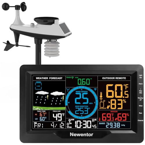 Newentor Weather Station Wireless Indoor Outdoor, Weather Stations with Rain Gauge and Wind Speed, Thermometer Weather Clock Barometers for Home, Atomic Clock with Wind Meter Sensor, Black