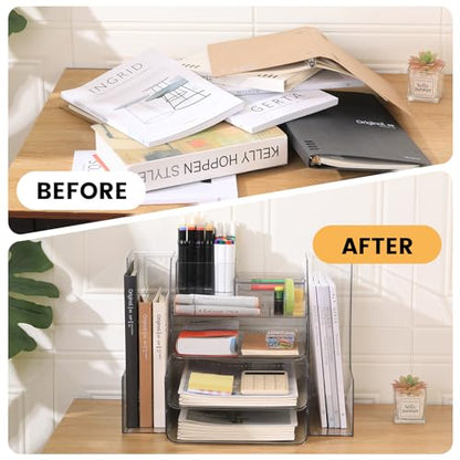 CiWiVOKi Desk Organizer with 2 Vertical File Holder, 4 Tier Stackable Paper Letter Tray File Organizer with 5-Compartments Pen Holder, Clear Desktop Organizer Office Organization and Storage