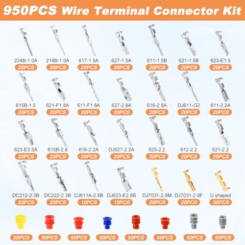 950pcs Pin Connectors Kit with Crimping Plier, Car Electrical 1/1.5/1.8/2.2/2.3/2.8/3.5mm Male & Female Wires Pins Seals Removal Tool kit, Motorcycle Non-Insulated Plug Crimp Set
