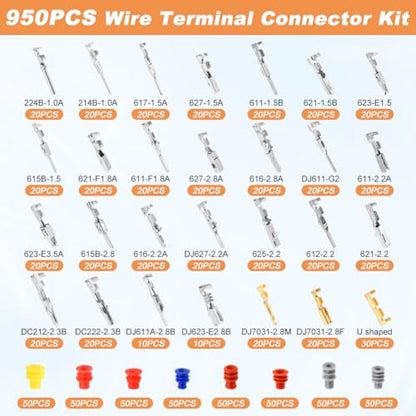950pcs Pin Connectors Kit with Crimping Plier, Car Electrical 1/1.5/1.8/2.2/2.3/2.8/3.5mm Male & Female Wires Pins Seals Removal Tool kit, Motorcycle Non-Insulated Plug Crimp Set