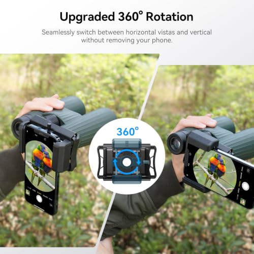 APEXEL 360° Telescope Phone Adapter, Upgraded Binocular Photo Adapter for Android & iPhone, Smartphone Mount for Telescope, Monocular, Microscope, Spotting Scope. (Including Bluetooth Shutter Remote)