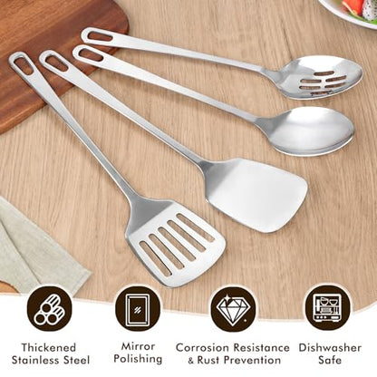 4 Pcs Cooking Utensils Set, Stainless Steel Kitchen Utensils, Heat Resistant Metal Kitchen Tools Include Solid & Slotted Turner Wok Spatula, Serving Spoon, Ergonomic Handle, Easy to Clean, Silver - color: A. 4 Pieces