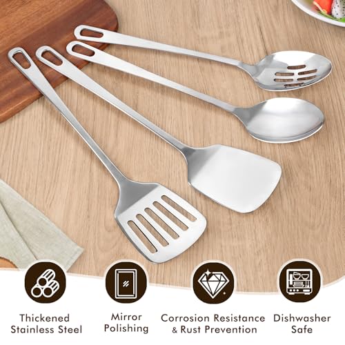 4 Pcs Cooking Utensils Set, Stainless Steel Kitchen Utensils, Heat Resistant Metal Kitchen Tools Include Solid & Slotted Turner Wok Spatula, Serving Spoon, Ergonomic Handle, Easy to Clean, Silver - color: A. 4 Pieces