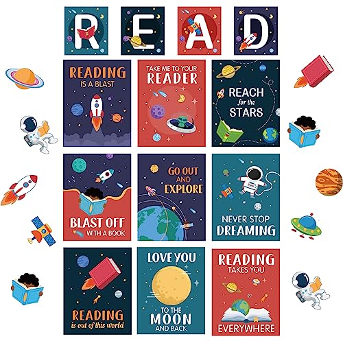 Outus 23 Pcs Reading Bulletin Board Decorations, Outer Space Read Posters