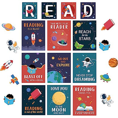 Outus 23 Pcs Reading Bulletin Board Decorations, Outer Space Read Posters