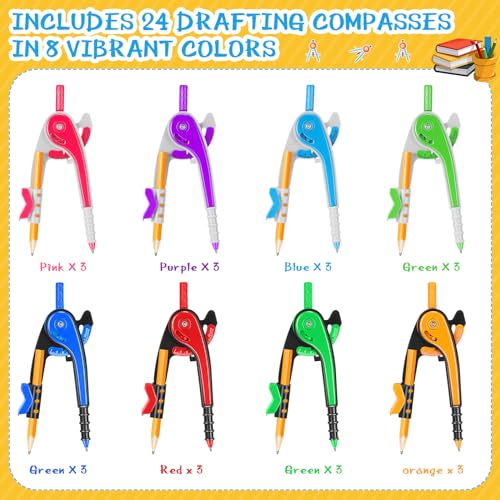 Zonon 24 Pcs Student Math Geometry Compass Bulk 6 Inch Drawing Tool Set