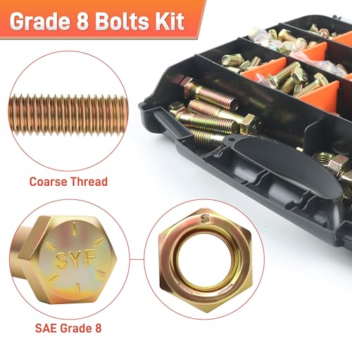Quibbay 924Pcs Grade 8 Bolts and Nuts Assortment Kit, 1/4-20, 5/16-18, 3/8-16, 1/2-13 Heavy Duty Hex SAE Assorted Bolts Nuts and Washers Kit, Carbon Steel Machine Hardware Screw Sets with Case - size: 924PCS 1/4-20 5/16-18 3/8-16 1/2-13