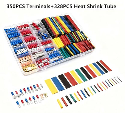 678PCS Electrical Wire Terminal Kit with 350PCS Assorted Copper Connectors (Ring/Fork/Spade) & 328PCS Heat Shrink Tubing – All-in-One Wiring Set for Automotive, Home, DIY Projects