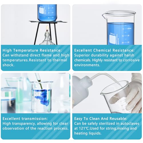 6PCS 50ml Glass Beakers Heavy Duty Beakers, White Double Scale Graduation, Borosilicate 3.3 Glass Lab Beaker, Low Form Griffin Measuring Beaker (6, 50ML) - size: 50ML