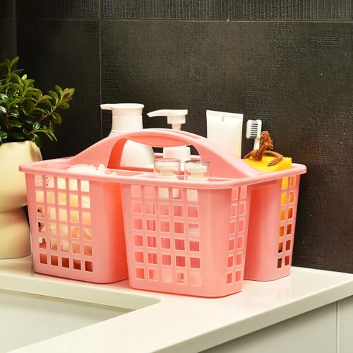 ALINK Plastic Shower Caddy Basket with Compartments, Portable Divided Cleaning Supply Storage Organizer with Handle for College Dorm Bathroom - Pink - color: Pink