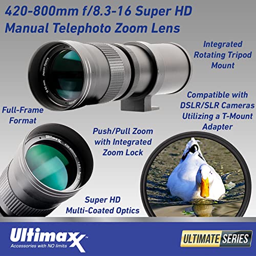 Ultimaxx 420-800mm f/8.3-16 Super HD Manual Telephoto Zoom T-Mount Lens + 2X Converter Essential Bundle for Canon EOS M5, M6, M6 Mark II, M10, M50, M50 Mark II, M100, M200 & Other EF-M Mount Cameras