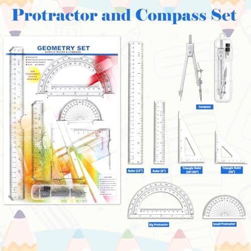 Coopay 7 Pcs Geometry Set, Clear Acrylic Ruler, Protractor and Compasses - size: 7 Pcs set