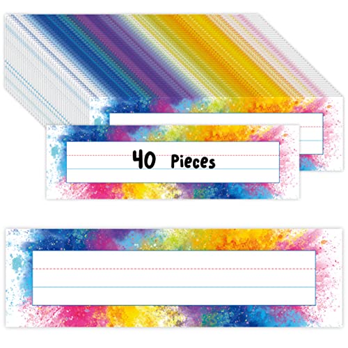 40PCS Desk Nameplates, Double Sided PET Film Desk Name Tags Student Name Labels Erasable & Reusable Traditional Manuscript Name Plates for School Classroom Organization (10” x 2.8”, Watercolor) - size: 10" x 2.8", style: Watercolor