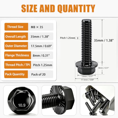 mankk 20PCS M8-1.25 x 35mm Flanged Hex Head Bolts 10.9 Grade High Tensile Alloy Steel,Black Zinc Plated,Full Thread,for Auto Parts, Farm Equipment & DIY Projects - size: BK M8x35mm