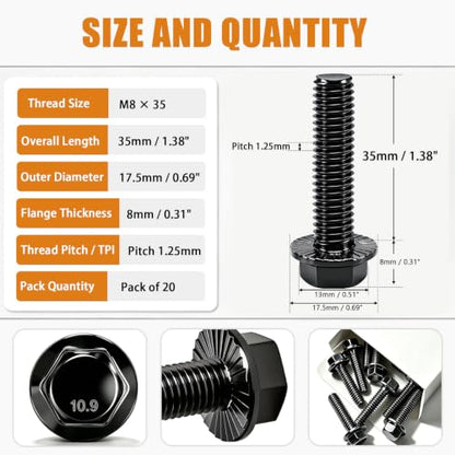 mankk 20PCS M8-1.25 x 35mm Flanged Hex Head Bolts 10.9 Grade High Tensile Alloy Steel,Black Zinc Plated,Full Thread,for Auto Parts, Farm Equipment & DIY Projects - size: BK M8x35mm