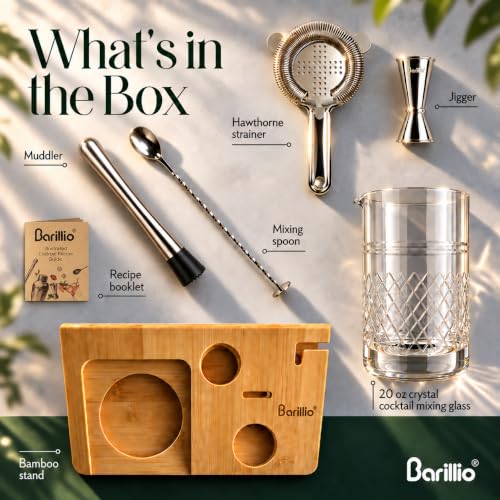 Barillio 20 Oz Crystal Cocktail Mixing Glass with Bamboo Stand & Bar Tools | Seamless Lead-Free Crystal, Weighted Base Stirring Pitcher | Including Muddler, Mixing Spoon, Jigger and Strainer - size: 7-Piece Set (20 oz)