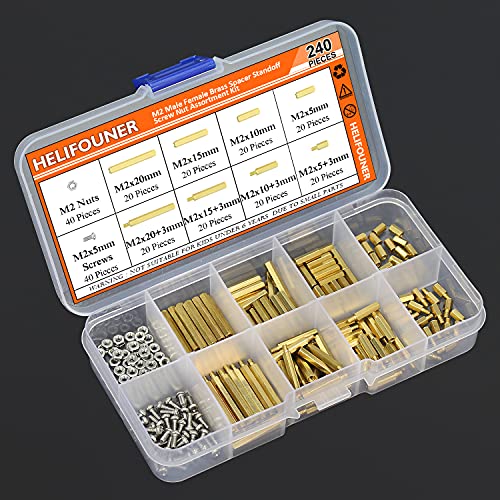 HELIFOUNER 240 Pieces M2 Male Female Hex Brass Spacer Standoff Screw Nut Assortment Kit - size: M2 Brass Standoff Kit