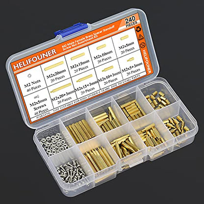 HELIFOUNER 240 Pieces M2 Male Female Hex Brass Spacer Standoff Screw Nut Assortment Kit - size: M2 Brass Standoff Kit