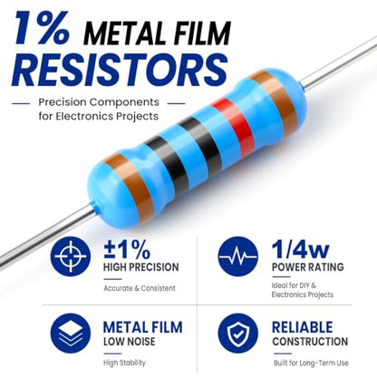 1000PCS Resistor Kit, 1/4W ±1% Metal Film, 35 Values, 1Ω-1MΩ Resistors