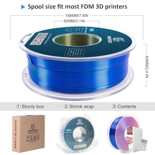 Geeetech Silk PLA Tri Color Filament 1.75mm 3D Printer Filament, Coextrusion Red Blue Green Tri-Colors Metal-Like Shiny Silk PLA Filament, 1kg (2.2lbs) 1 Spool, Dimensional Accuracy +/- 0.02 mm - color: 1kg Triple Color Red-blue-green