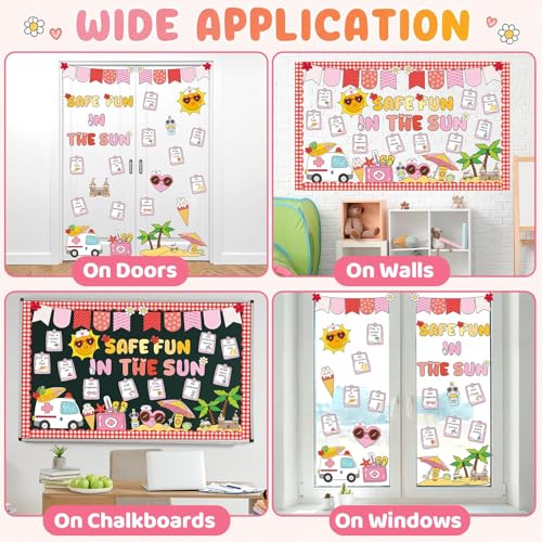 Sunshine Sun Bulletin Board Set Safe Fun in the Sun Classroom Decorations Summer Classroom Sunshine Safety Paper Cutouts for Back to School Teachers Chalkboard Wall Door Decor - style: Sun