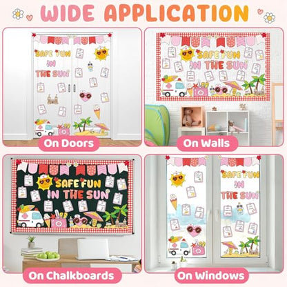 Sunshine Sun Bulletin Board Set Safe Fun in the Sun Classroom Decorations Summer Classroom Sunshine Safety Paper Cutouts for Back to School Teachers Chalkboard Wall Door Decor - style: Sun