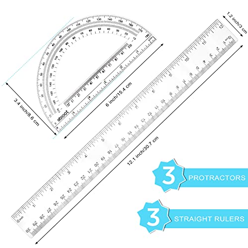 Zonon 6 Packs 12 Inch Plastic Ruler and 6 Inch Protractor Set, Clear Geometry Math Set, Transparent Ruler Supplies for Back to School, Classroom and Student School Supplies, Office Drawing