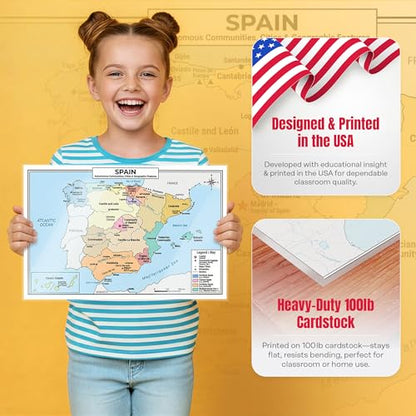 Spain Map Poster 11x17 | Laminated Double-Sided Geography Chart with Color Map Front & Blank Outline Back | Reusable Classroom & Homeschool Learning Tool - color: Spain