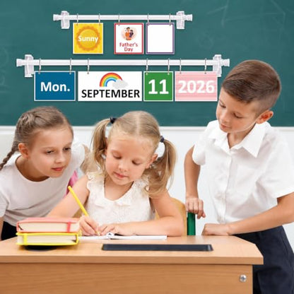 96 Cards Classroom Bulletin Board Decorations Set for Teachers,Flip Calendar with Holder for Classroom,Adjustable Calendar,Preschool Elementary Home Decor Supplies（Rainbow） - style: Rainbow