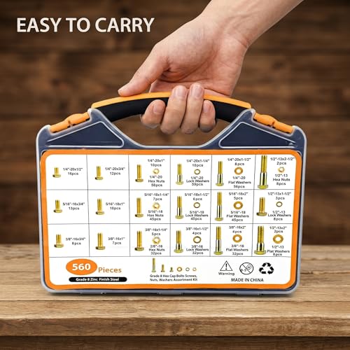 560PCS Grade 8 Assorted Nuts and Bolts Assortment Kit, SAE Sizes Bolts - size: 560pcs 1/4-20 5/16-18 3/8-16 1/2-13