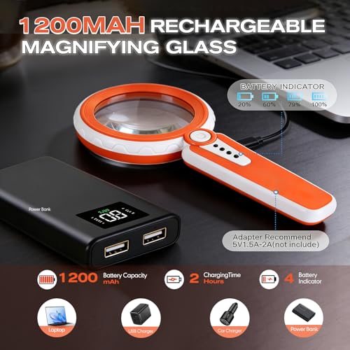 45X Magnifying Glass with Light, LED Rechargeable Magnifier for Seniors - color: Orange