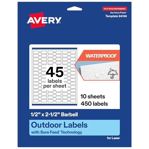 Avery Outdoor Waterproof Barbell Labels with Sure Feed Technology, 0.5" x 2.5", White Film, Compatible with Laser Printers, 450 Labels Total, Great for Product Branding, Packaging, and More - style: 450 labels