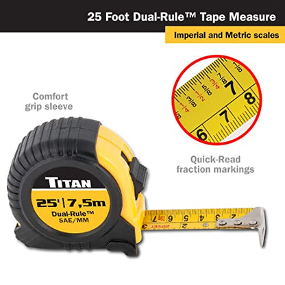 Titan 10907 Tape Measure with Easy-Read Standard Markings and Durable Case, 25-Foot, Dual-Rule