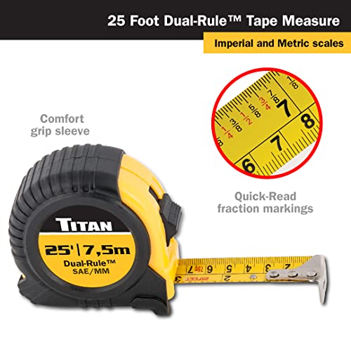 Titan 10907 Tape Measure with Easy-Read Standard Markings and Durable Case, 25-Foot, Dual-Rule