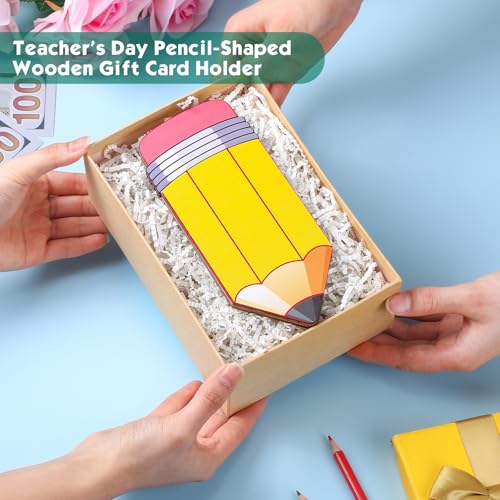 Kathfly Pencil Teacher Gift Card Holder, Yellow Wood Sleeve - color: Yellow and Pink, style: Pencil