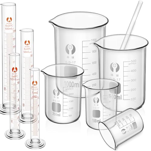 Feekoon 10 Pcs 9.8 Inch Glass Beaker Cylinder Set 50-1000ml Lab