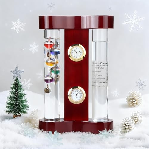 Lily's Home Analog Weather Station with Galileo Thermometer - Storm Glass, Clock and Hygrometer - 4-in-1 Indoor Desk Display - 7 x 4.4 Inches - color: Mahogany