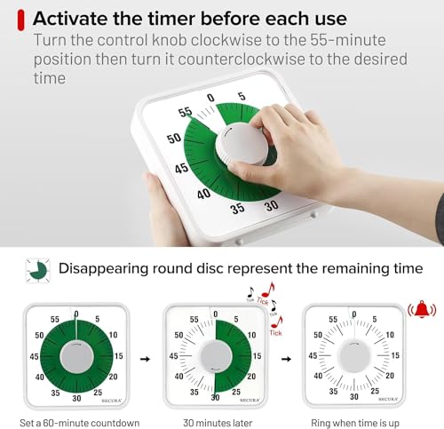 Secura 60-Minute Visual Countdown Timer, 7.5-Inch Oversize Classroom Visual Timer for Kids and Adults, Durable Mechanical Kitchen Timer Clock with Magnetic Backing (White-Green) - color: Green