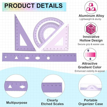 PATIKIL Geometry Set 2Pcs 8" Aluminum Ruler & 4 Triangles, Metal Protractor - color: Gradient Purple, size: 8 Inch