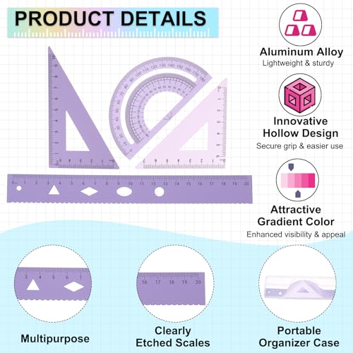 PATIKIL Geometry Set, 8" Aluminum Ruler & 2 Triangles, Metal Protractor - color: Gradient Purple/Gradient Pink, size: 8 Inch