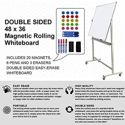 Mobile Whiteboard on Wheels, 48"x36" Double-Sided Magnetic Dry Erase Board - Flipchart Easel for Office, Classroom & Home, Rolling Stand with Easy Flip Feature - size: 48"W x 36"H