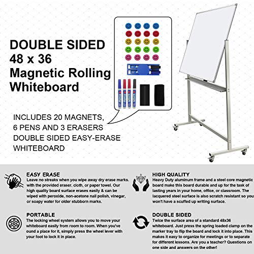Mobile Whiteboard on Wheels, 48"x36" Double-Sided Magnetic Dry Erase Board - Flipchart Easel for Office, Classroom & Home, Rolling Stand with Easy Flip Feature - size: 48"W x 36"H