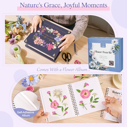 Joy&Grace Flower Press Kit for Adults, with Designed Cover and DIY Album, 10.9" x 10.9" 10 Layers Flower Preservation Kit, Plant Press and Large Plant Drying Toolkit (Color Box, Purple Navy) - color: Purple Navy