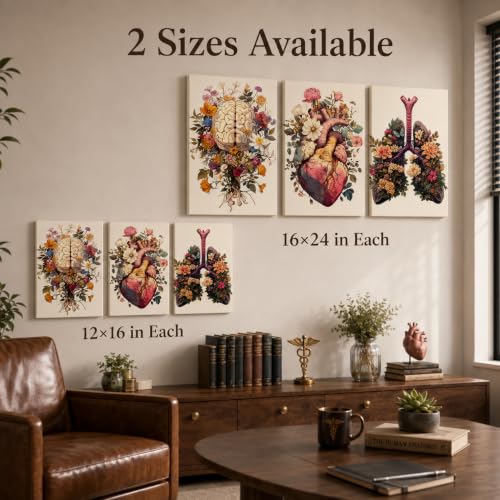 Anatomical Poster Wall Art Set of 3, Human Heart Brain Lungs Prints, Boho Medical Anatomy Canvas, Floral Organ Artwork for Nurse Doctor Office, Aesthetic Botanical Wall Decor for Living Room Bedroom - color: Flowers organs A, size: 24"L x 16"W
