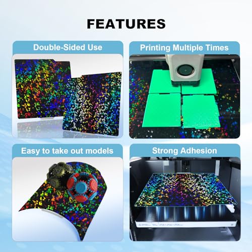 IdeaFormer Holographic Smooth P2S P1S X2D Build Plate for Bambu Lab X2D/X1/X1C/X1E/P1P/P1S/P2S/A1, Flexible Galaxy PEY+Rainbow Confetti PEF Print Bed Plate 257x257mm for Bambu 3D Printers Build Plate - color: Rainbow Confetti Pef+galaxy Pey