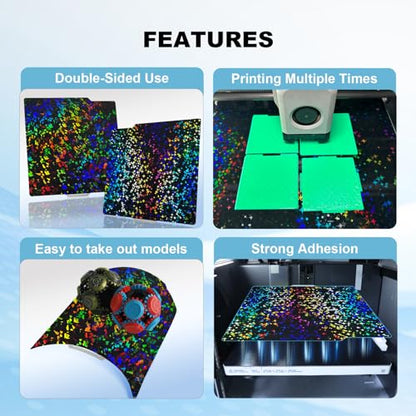 IdeaFormer Holographic Smooth P2S P1S X2D Build Plate for Bambu Lab X2D/X1/X1C/X1E/P1P/P1S/P2S/A1, Flexible Galaxy PEY+Rainbow Confetti PEF Print Bed Plate 257x257mm for Bambu 3D Printers Build Plate - color: Rainbow Confetti Pef+galaxy Pey