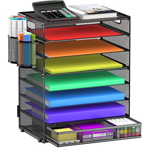 8 Tier Paper Letter Tray Organizer (Black-with Drawer,Pen Holders) - color: Black-with Drawer,pen Holders