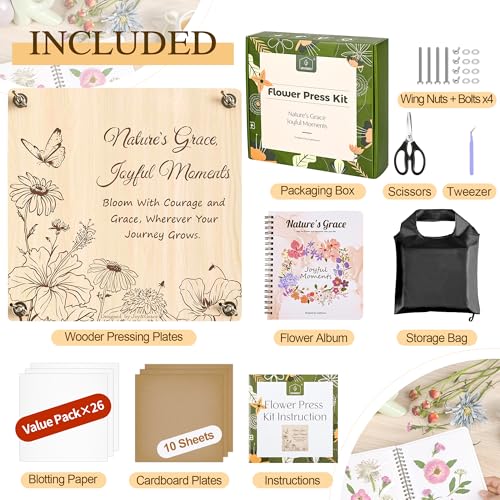 Joy&Grace Large Flower Press Kit for Adults with Designed Cover and DIY Album,10 Layers Plant Press and Plant Drying Toolkit, Flower Preservation Kit, 10.9" x 10.9" (Color Box, Natural Wood) - color: Natural Wood