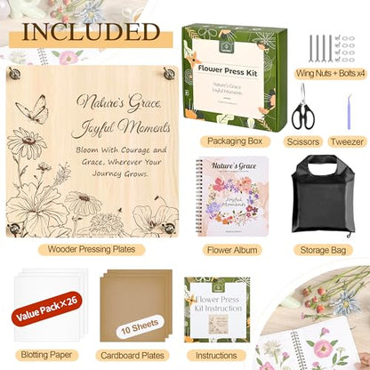 Joy&Grace Large Flower Press Kit for Adults with Designed Cover and DIY Album,10 Layers Plant Press and Plant Drying Toolkit, Flower Preservation Kit, 10.9" x 10.9" (Color Box, Natural Wood) - color: Natural Wood