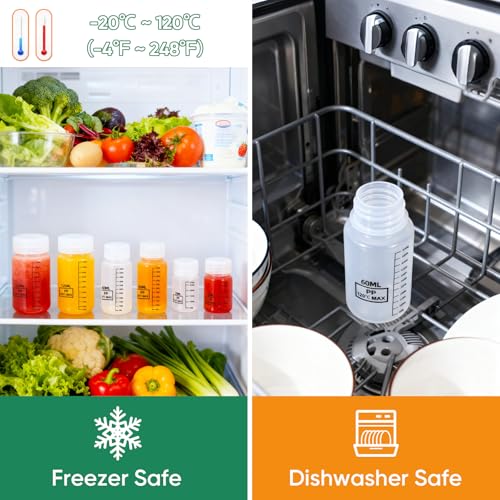 DEMORA Plastic Bottles with Airtight Caps 1oz/30ml, Food Grade Wide Mouth Liquid Containers, Reusable PP Graduated Measuring Bottles for Water Sample Lab Reagent Liquids Mixing (Clear, 4 Pcs)